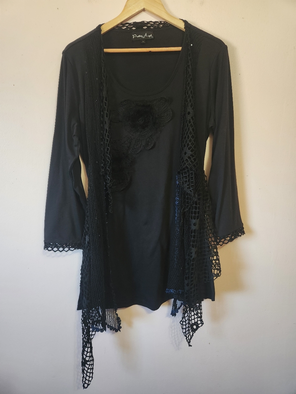 Pretty Angel Silk Blend Mesh Lace Overlay Tunic Top Black Medium EUC